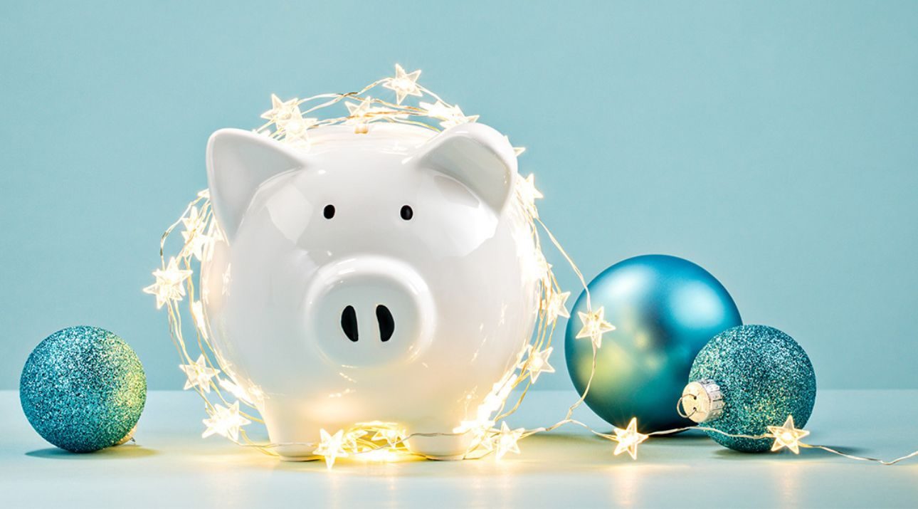 Piggy bank with lights and ornaments